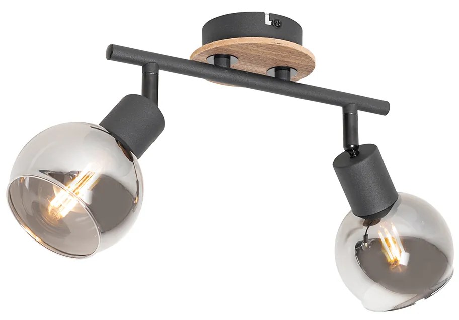 Таванна лампа черна с димно стъкло и дърво 2-светлина - Vidro