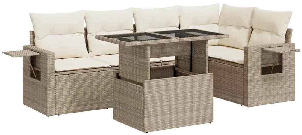3326479 vidaXL Градински диван с възглавници, 6 части, бежов полиратан