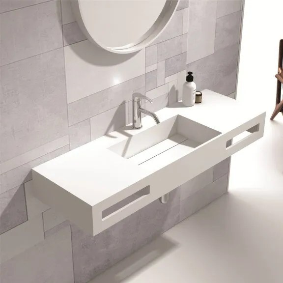 Мивка за баня ICB 38449, стенен монтаж, с отвор за смесител, полимермраморен камък, бял, 120x40x15см