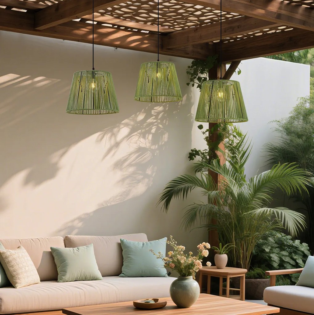 Външна висяща лампа черна със зелени въжени абажури 3 светлини IP44 - Cava Jayla