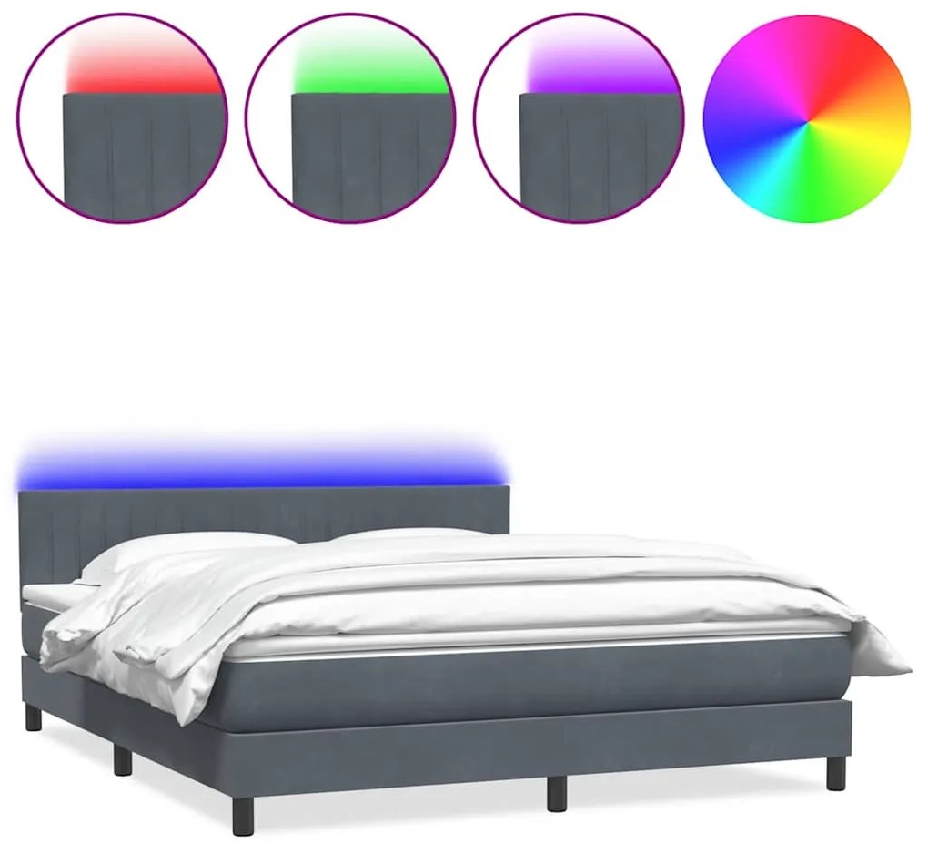 3317086 vidaXL Боксспринг легло с матрак и LED, тъмносиво, 180x210 см, кадифе