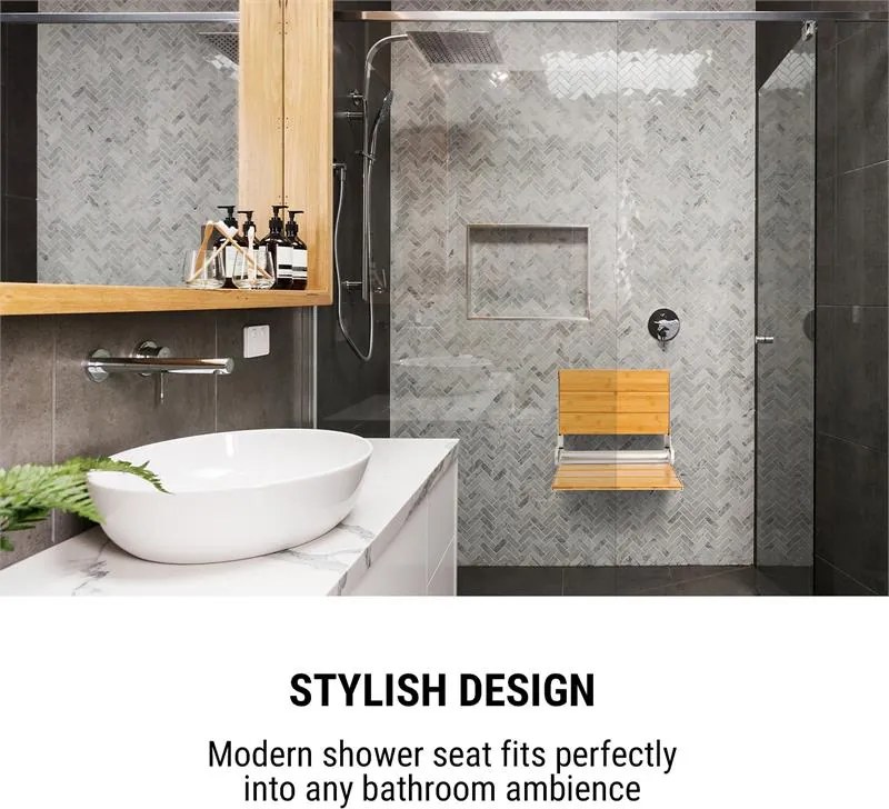 OneConcept Arielle Deluxe, душ седалка, бамбук, алуминий, сгъваема, максимум 160 кг, дърво