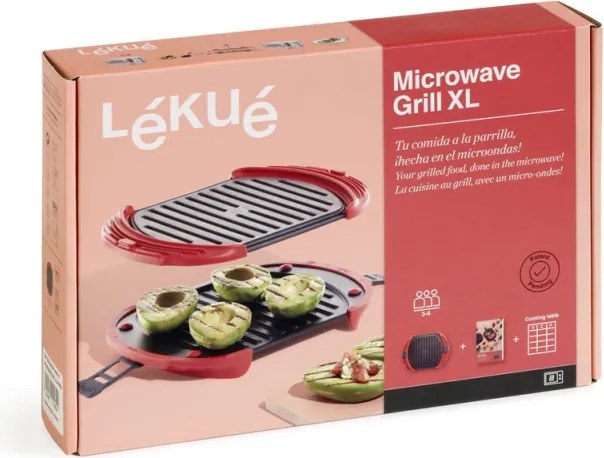 Съд за гриловане в микровълнова Lekue 1009082, 27x20.7.8x4.4 см, Платинен силикон, Стомана с незалепващо покритие, От 0 до +240C, Червен