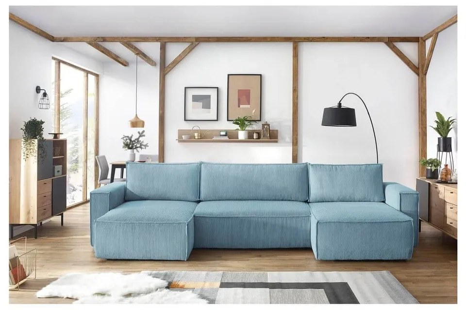 Светлосин велурен U-образен разтегателен диван Nihad - Bobochic Paris