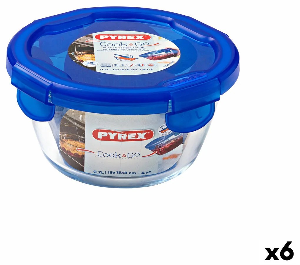 Херметическа Кутия за Обяд Pyrex Cook &amp; go 15,5 x 15,5 x 8,5 cm Син 700 ml Cтъкло (6 броя)