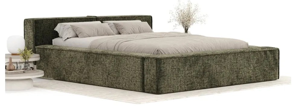 Тъмнозелено двойно легло 140x200 cm тапицирано с място за съхранение с включена подматрачна рамка Voliera – Maison de Rêve