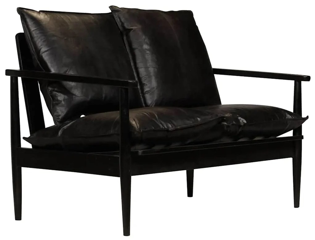 246483 vidaXL 2-местен фотьойл, естествена кожа и акациево дърво, черен