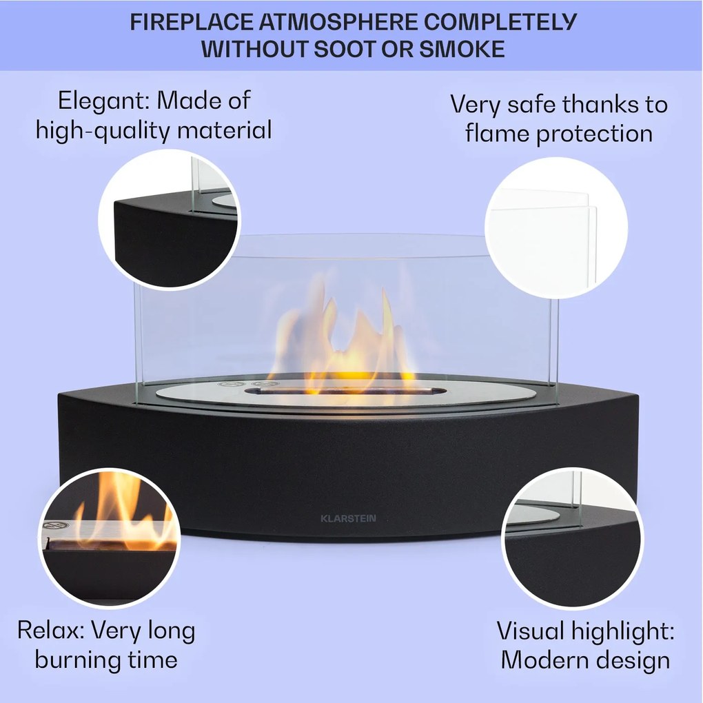 Klarstein Камина на етанол Phantasma Curve Без дим и мирис Горелка от неръждаема стомана Предпазно стъкло