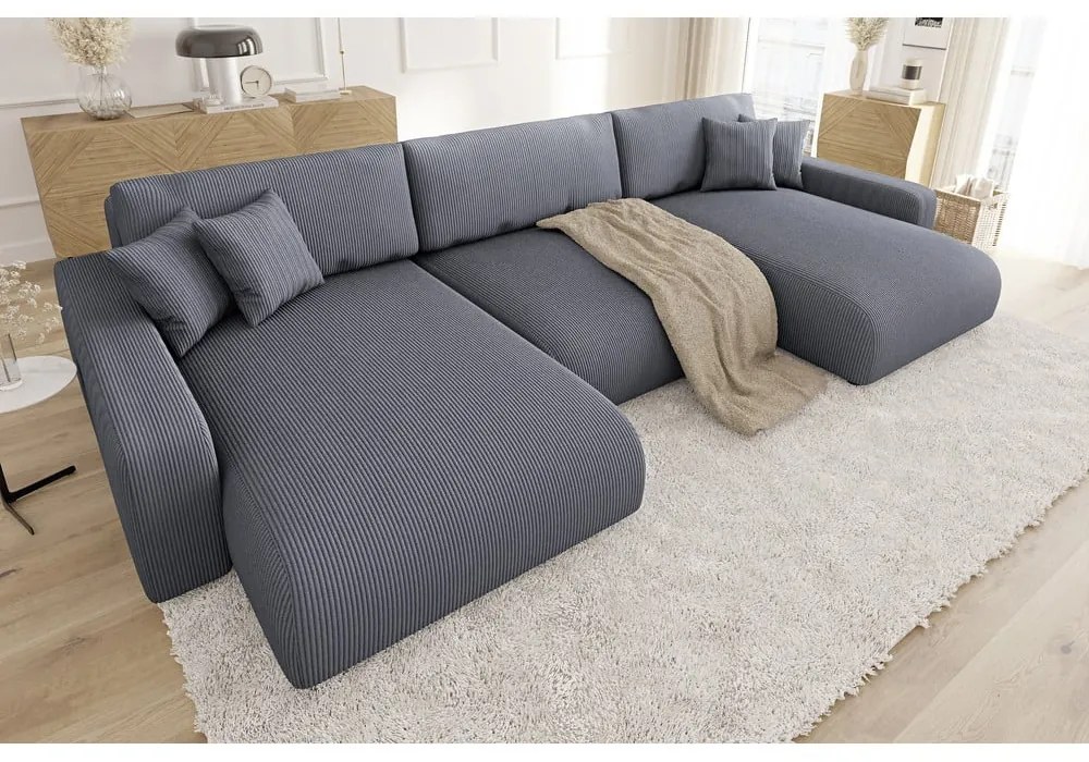 Тъмносив ъглов диван с място за съхранение от рипсено кадифе Sara – Ropez