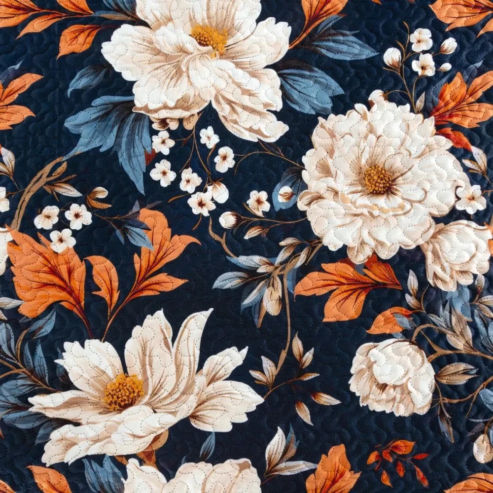 Ватирана покривка за легло в тъмносиньо с флорална шарка на божур Ширина: 170 см | Дължина: 210 см