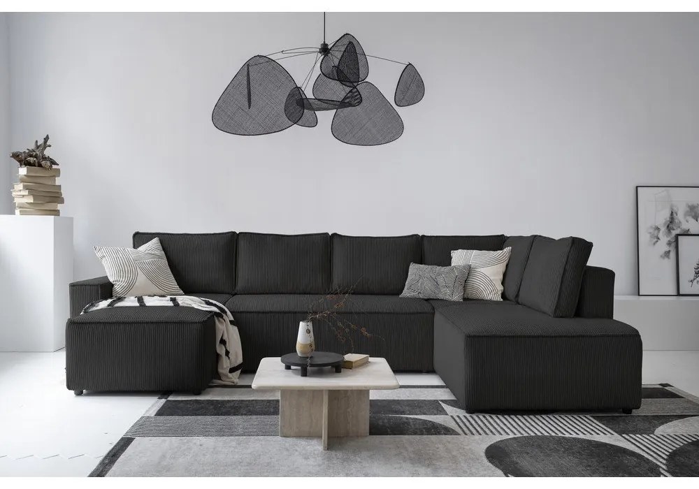 Антрацитен разтегателен ъглов диван от рипсено кадифе (десен ъгъл/"U" форма) Brave Dave – Miuform