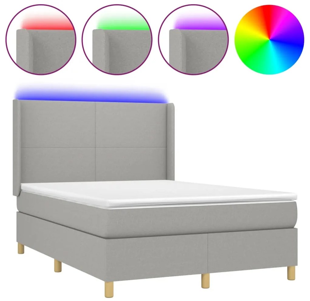 3138709 vidaXL Боксспринг легло с матрак и LED, светлосиво, 140x190 см, плат