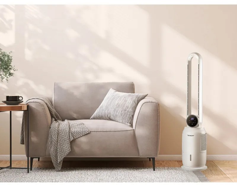 Въздушен охладител кула Beper P206RAF300, 65W, 3 скорости, 2 л, Йонизация, LED, Сензорен дисплей, Бял