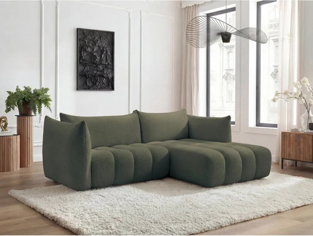 Зелен ъглов диван от прежда с примки от букле (десен ъгъл) Azra – Bobochic Paris