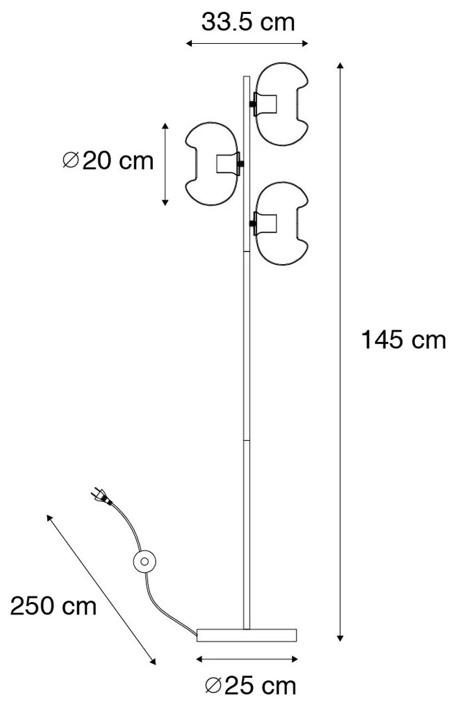 Подова лампа в стил Арт Деко черна с опушено стъкло 3-светлина - Ayesha
