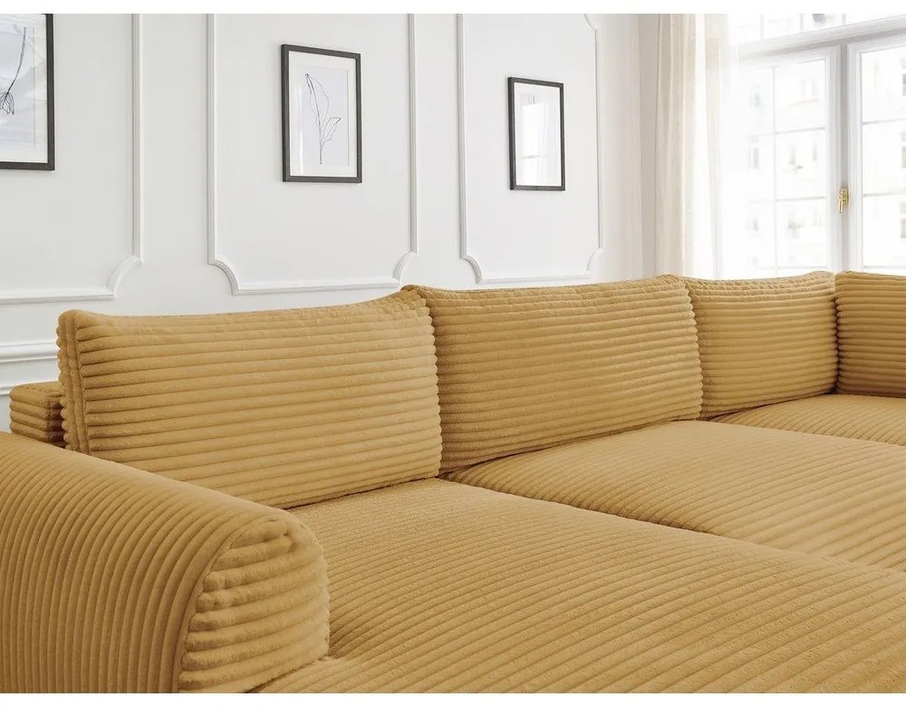 Разтегателен ъглов диван от рипсено кадифе в цвят горчица (ляв ъгъл/"U" форма) Lucien – Bobochic Paris