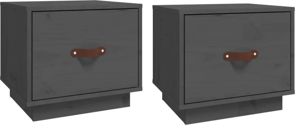 818290 vidaXL Нощни шкафчета, 2 бр, сиви, 40x34x35 см, борово дърво масив