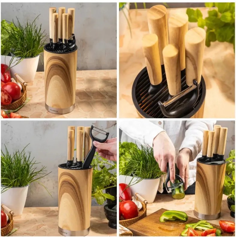 Комплект кухненски ножове Klausberg KB 9036, 7 ч, Неръждаема стомана, Дървесен ефект, Стойка, Кафяв