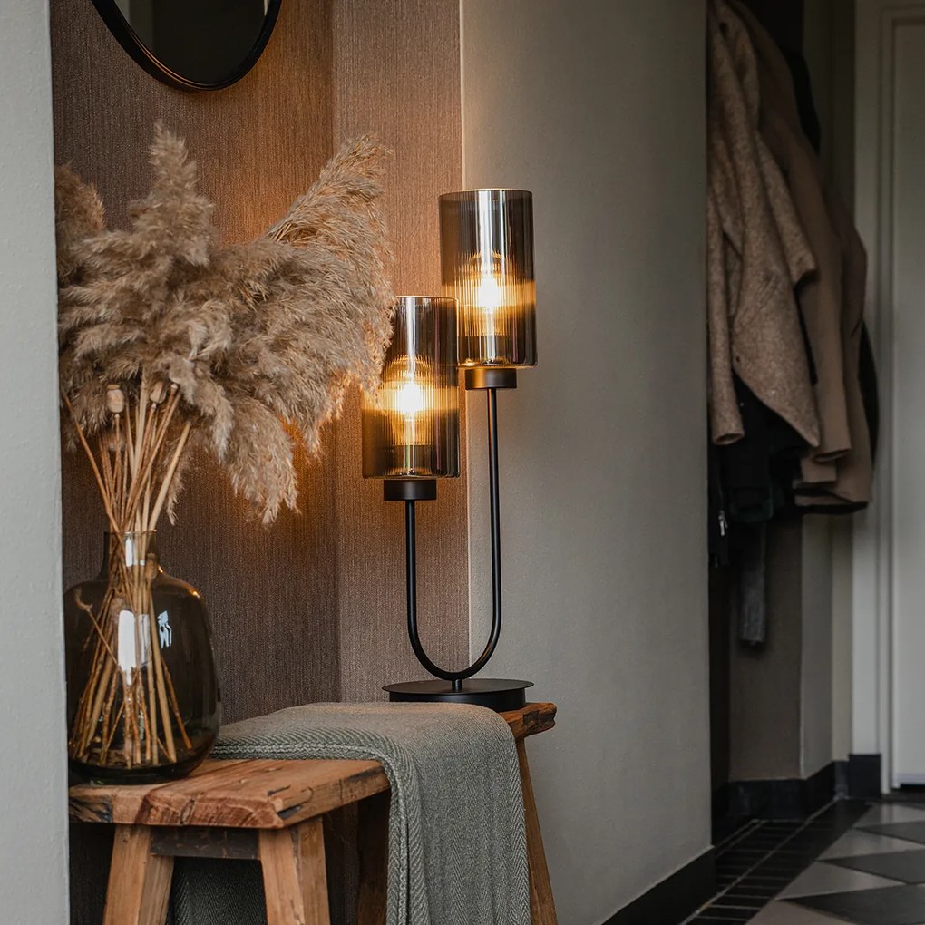 Арт Деко настолна лампа черна с димно стъкло 2-светлина - Laura