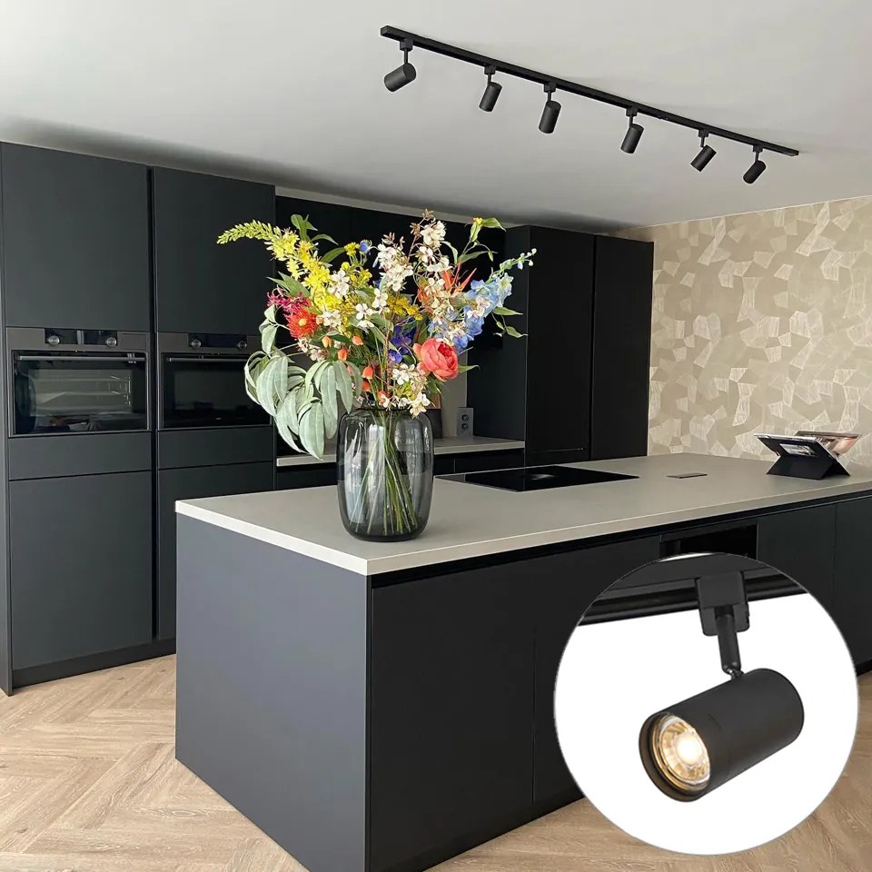 Модерна релсова система за осветление с 6 черни прожектора 1-фазов 200см - Iconic Jeana