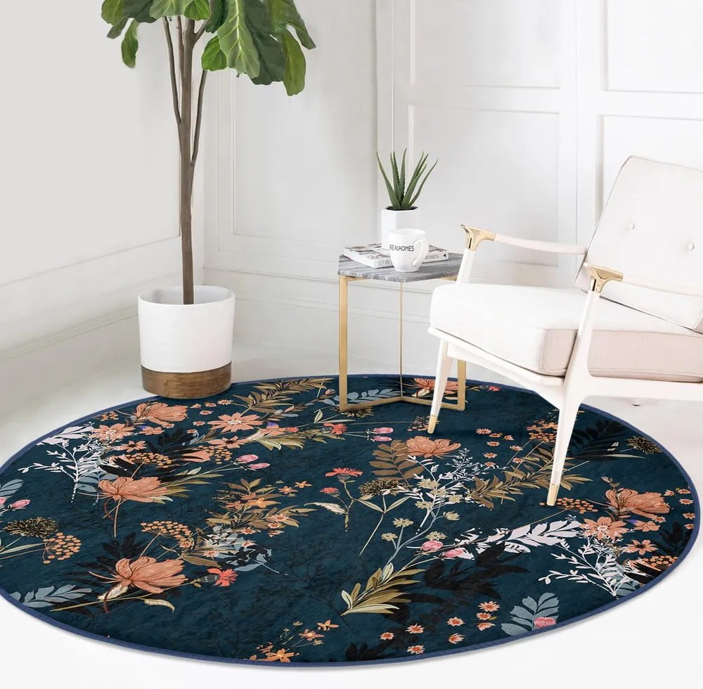 Тъмносин кръгъл килим подходящ за пране и за прахосмукачки роботи ø 100 cm Comfort – Mila Home