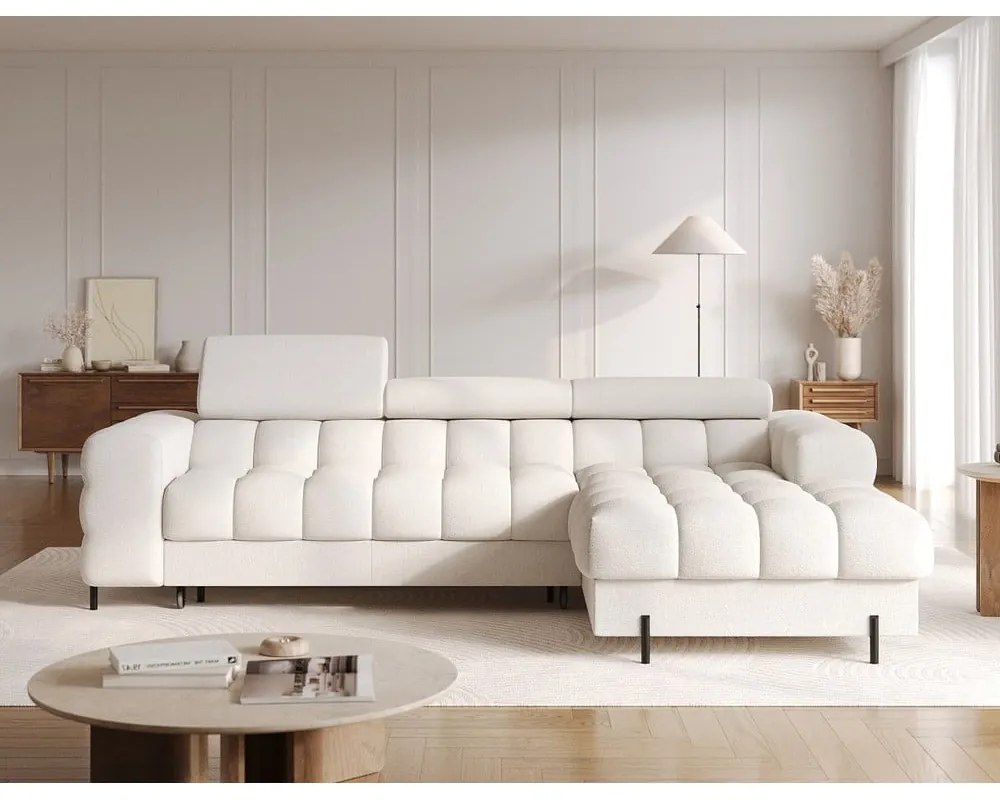 Кремав сгъваем/с място за съхранение ъглов диван от прежда с примки от букле (десен ъгъл) Felro – ELTAP