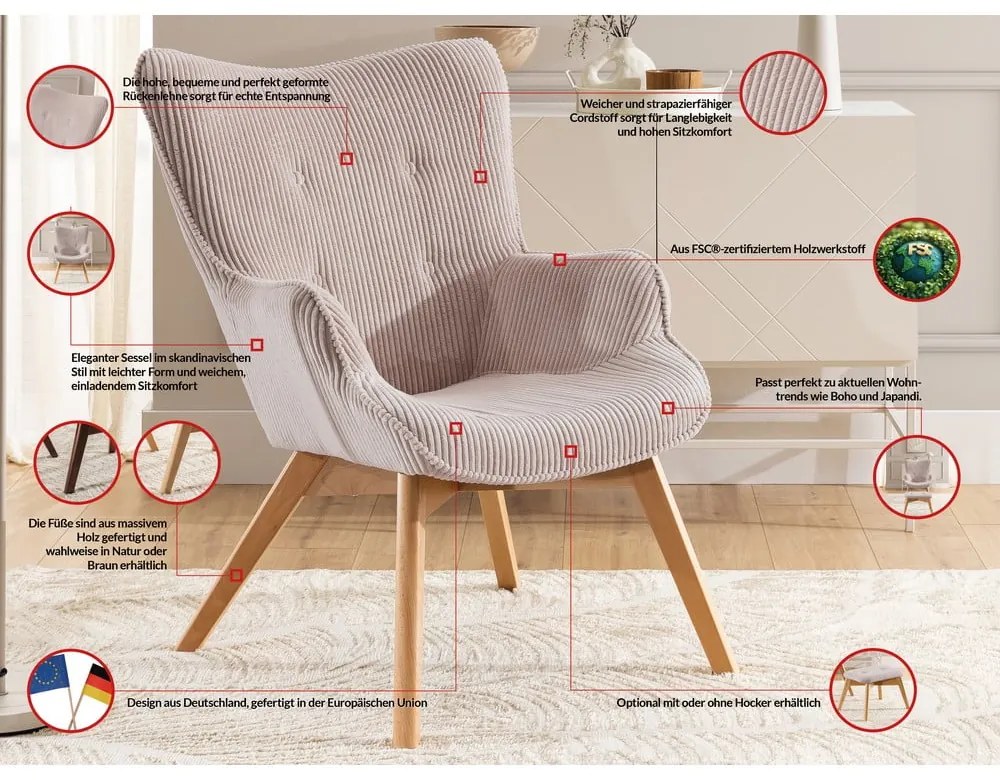 Светлорозово кресло от рипсено кадифе Niko – Ropez