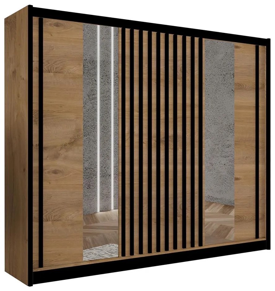 Gардероб с огледало SANTINO 250x215 см дъб крафт/черен