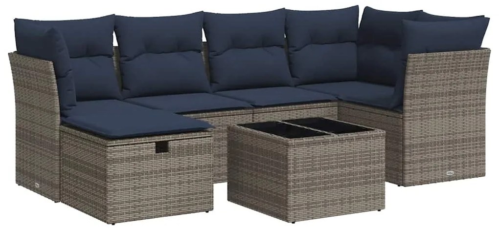 3325297 vidaXL Градински диван с възглавници, 7 части, полиратан, сив