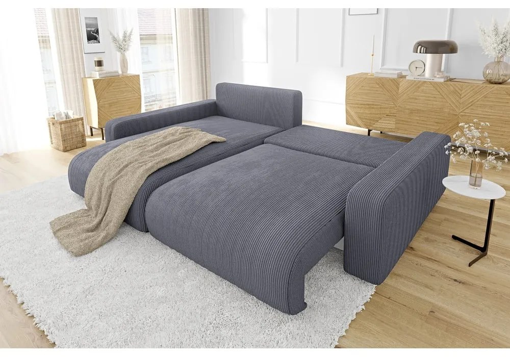 Тъмносив разтегателен ъглов диван от рипсено кадифе (променлив) Sara – Ropez