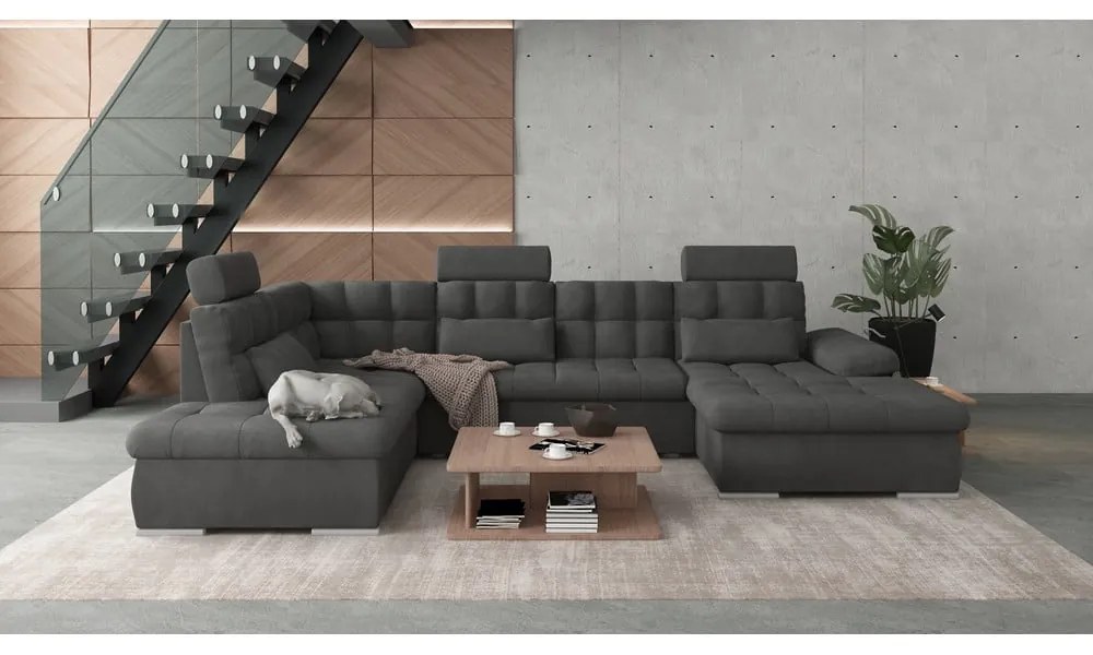 Антрацитен разтегателен ъглов диван с място за съхранение (ляв ъгъл/U форма) Merkur – Ropez