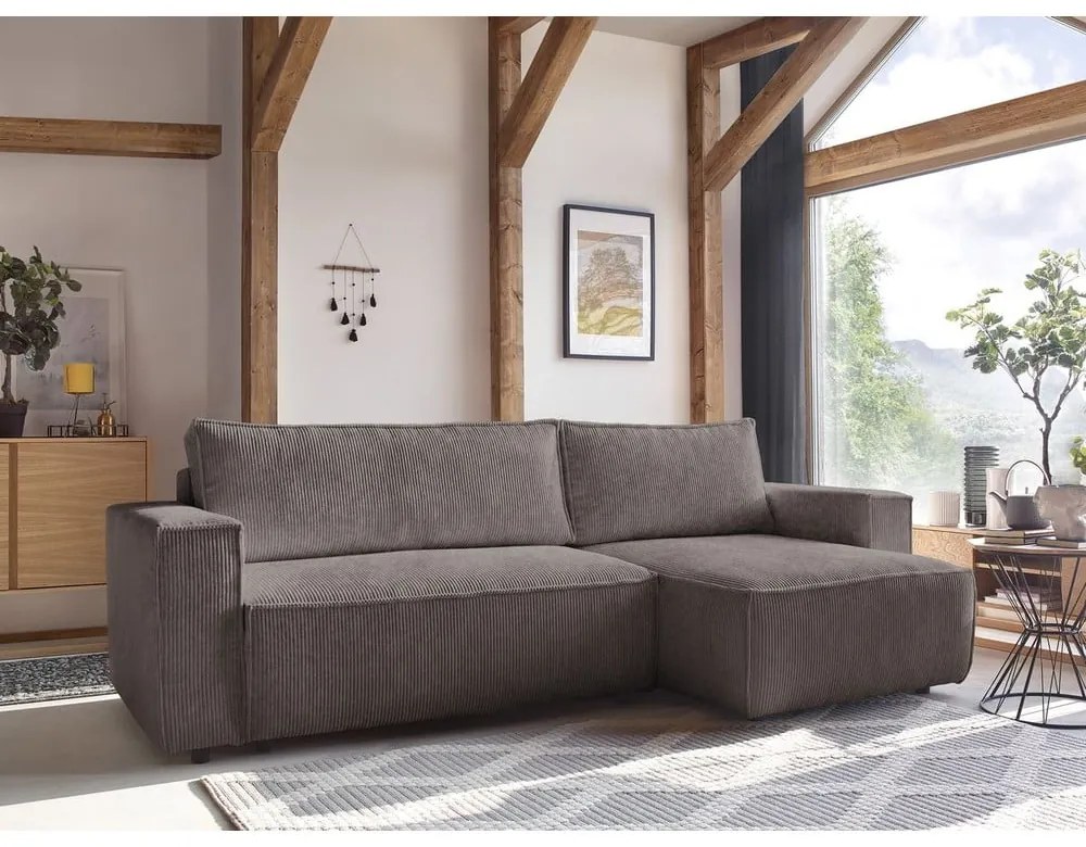 Кафяво-сив сгъваем/с място за съхранение ъглов диван от рипсено кадифе Nihad – Bobochic Paris