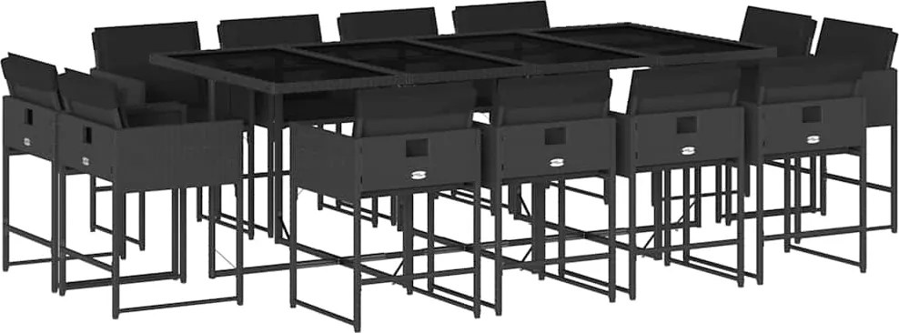 3211399 vidaXL Външен трапезен комплект 13 части с възглавници черен полиратан