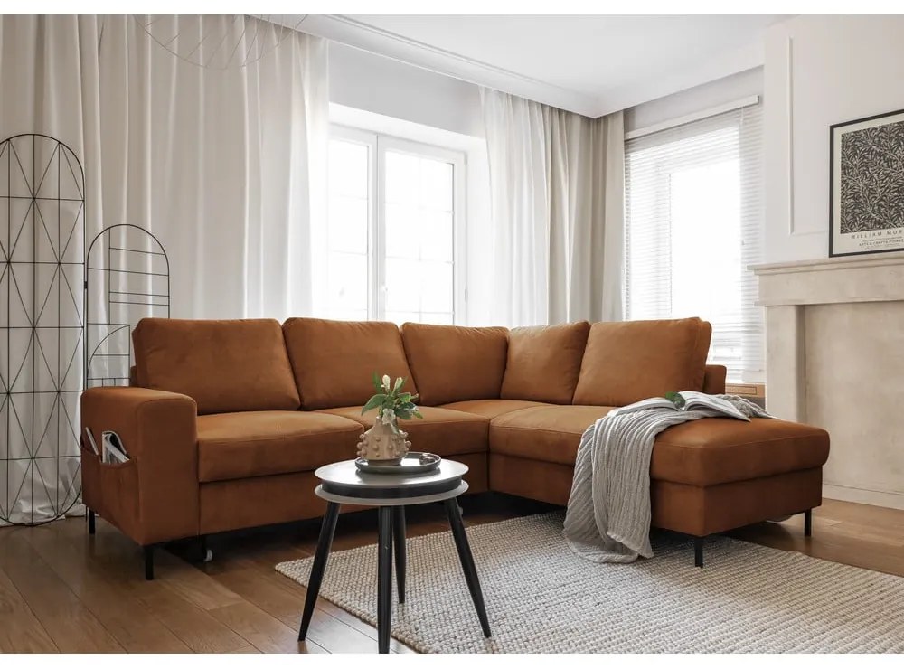 Оранжево-кафяв разтегателен ъглов диван от рипсено кадифе (десен ъгъл) Lofty Lilly – Miuform
