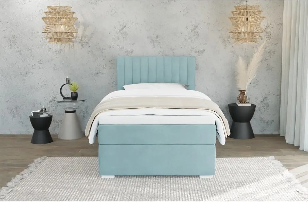 Светлосиньо единично тапицирано легло с място за съхранение с включена подматрачна рамка 90x200 cm Bunny – Ropez