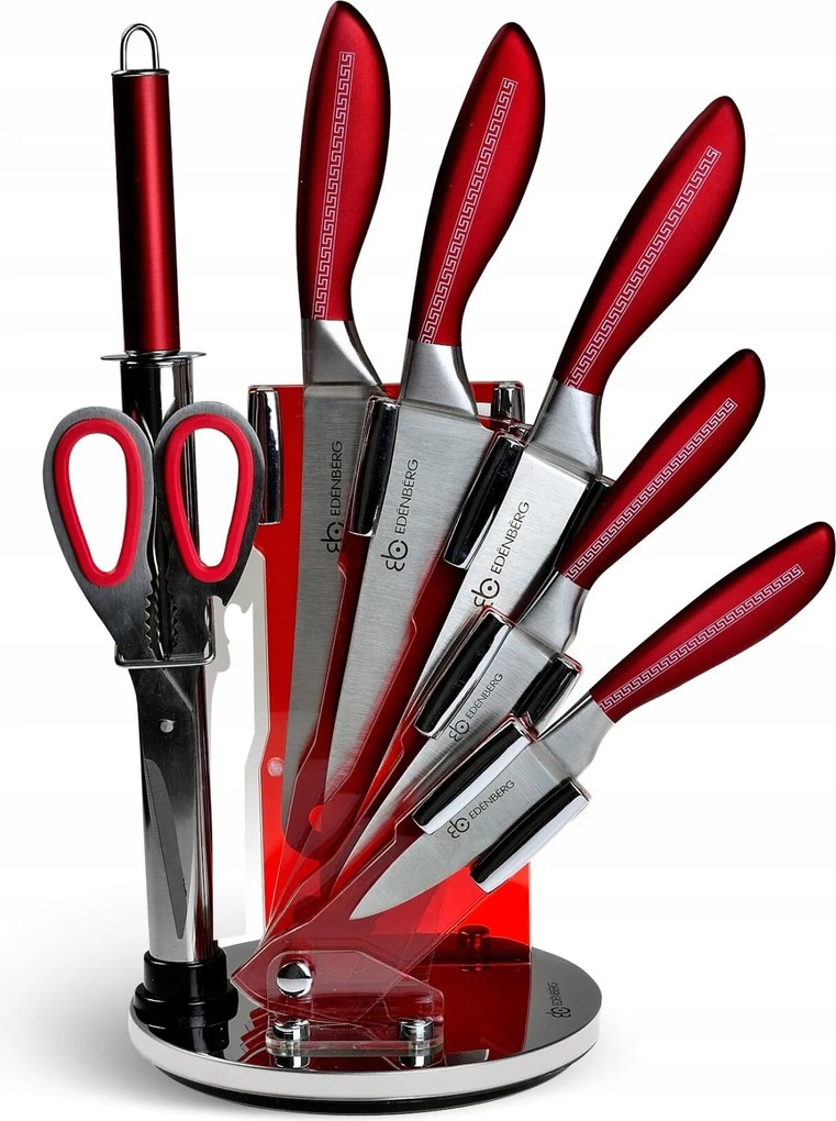 Комплект ножове с поставка ZILNER ZL 5121, 8 части, Точило, Ножици, Неръждаема стомана, Червен