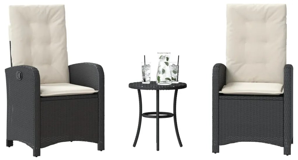 365176 vidaXL Бистро комплект с възглавници 3 части черен полиратан