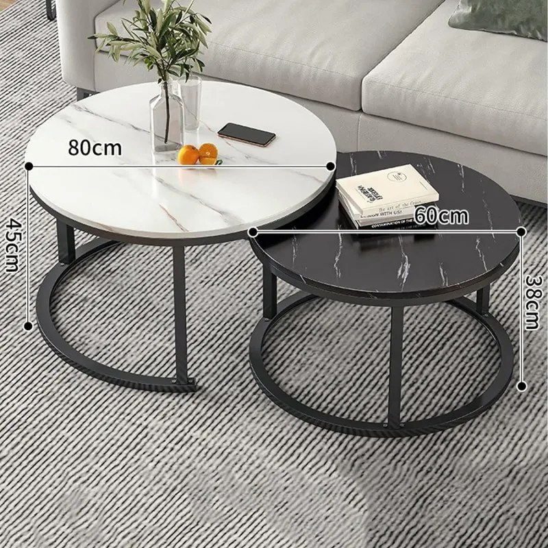 Комплект от 2 кръгли масички за кафе - бял и черен мрамор