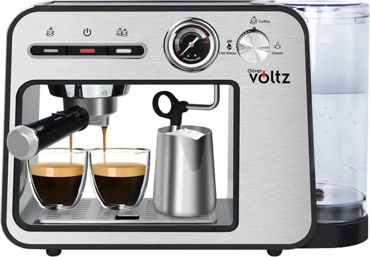 Втора ръка: Еспресо машина Oliver Voltz OV51171H, 1450W, 15 bar, 1L, Подгряване на чаши, Авт. изключване, Инокс/черен