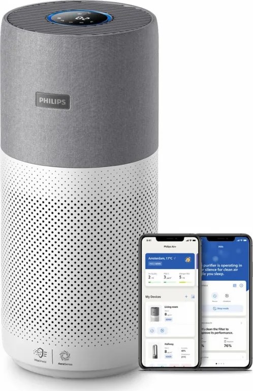 Преоценено: Пречиствател за въздух Philips AC3033/10, SMART, Wi-Fi, 55W, За до 135 м2, HEPA, Интелигентни сензори, Бял/сив