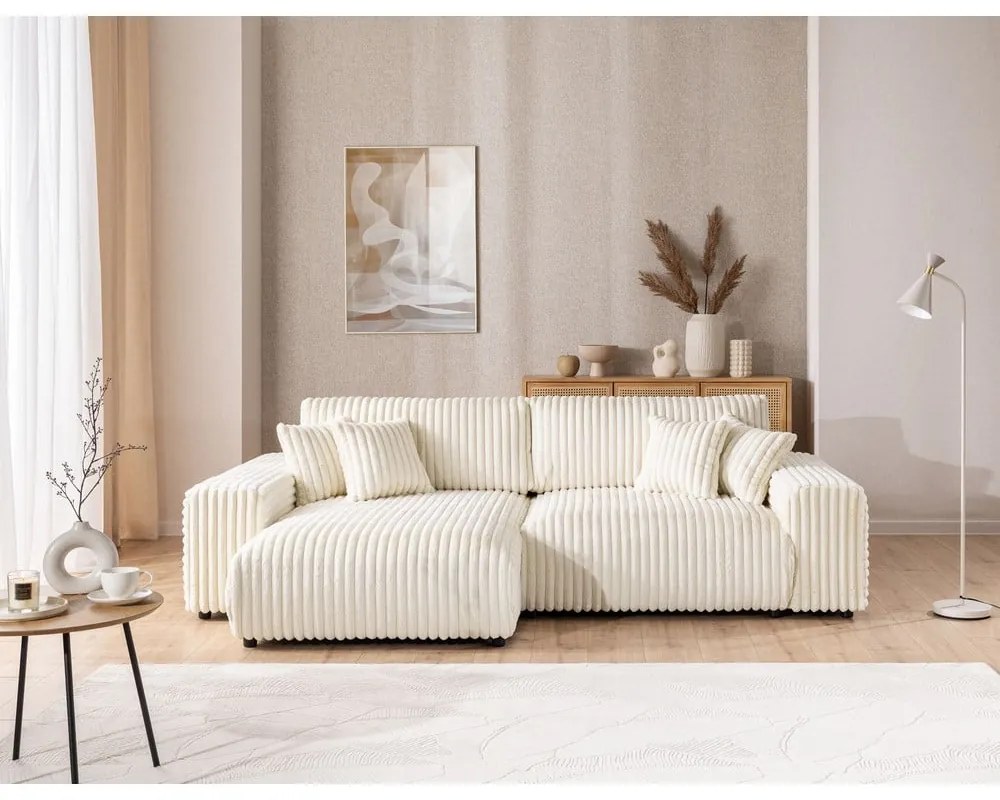 Кремав разтегателен ъглов диван от рипсено кадифе с място за съхранение (ляв ъгъл) Sarina – Ropez