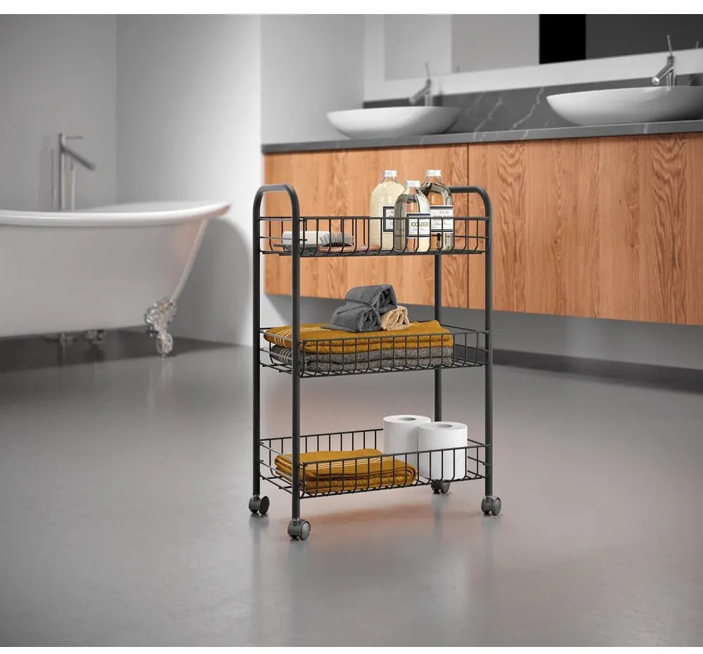 Черна мобилна количка от неръждаема стомана Lava Lugano - Metaltex