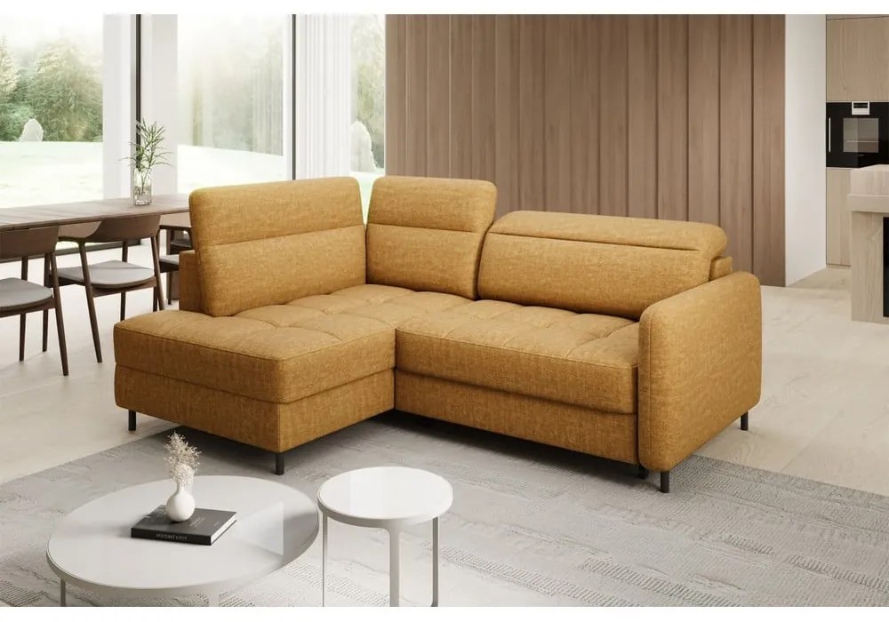 Жълт кадифен разтегателен ъглов диван с място за съхранение (ляв ъгъл L форма) Barea – ELTAP