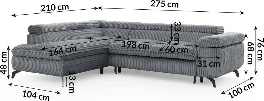 Сив ъглов диван от рипсено кадифе (ляв ъгъл L форма) Marbeya – Ropez