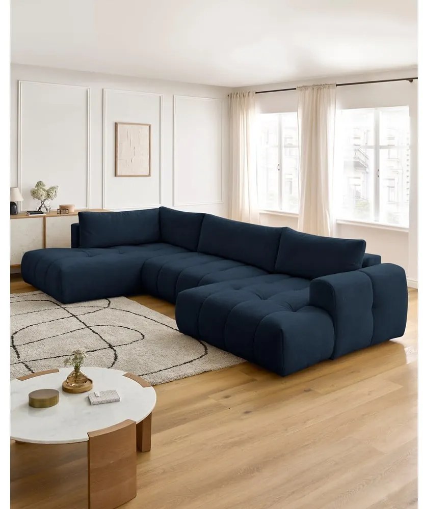 Тъмносин сгъваем/с място за съхранение ъглов диван (ляв ъгъл/U форма) Fuji – Bobochic Paris