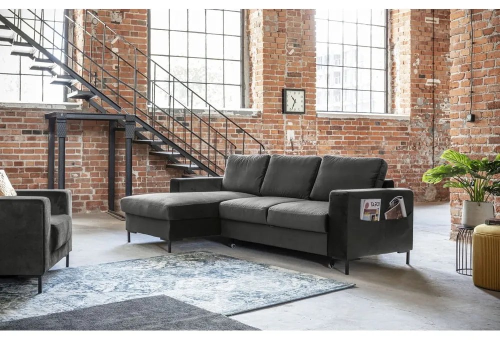 Тъмносиво кадифено ъглово канапе, ляв ъгъл Lofty Lilly - Miuform