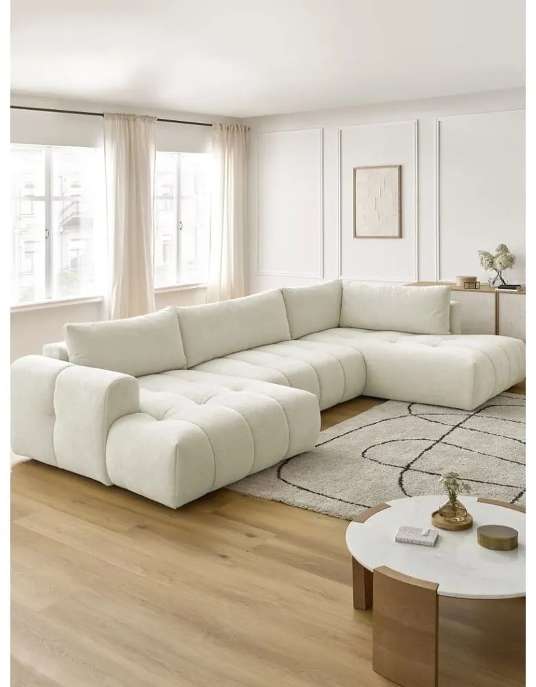 Бежов сгъваем/с място за съхранение ъглов диван (десен ъгъл/U форма) Fuji – Bobochic Paris