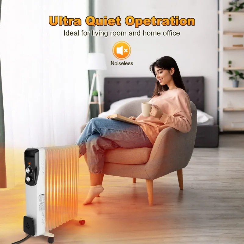 Маслен радиатор Sailnovo NSC-250-11F1, 2500W, 11 ребра, 30 м2, 3 степени, Въртящи се на 360 колелца, 10-35C, Бял