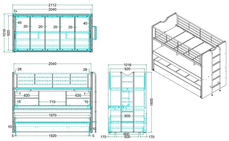 Бяло/синьо детско легло 90x200 cm двуетажно/разтегателно с място за съхранение с включена подматрачна рамка Bonny – Vipack