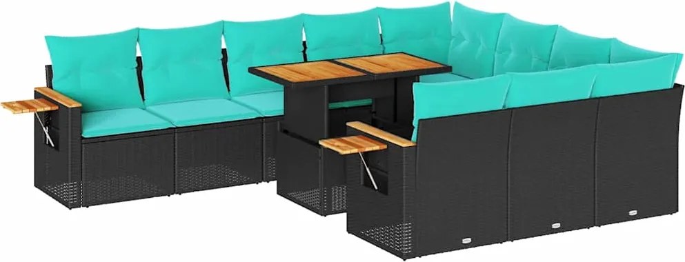 3327648 vidaXL Градински диван от 11части с възглавници черен полиратан акация